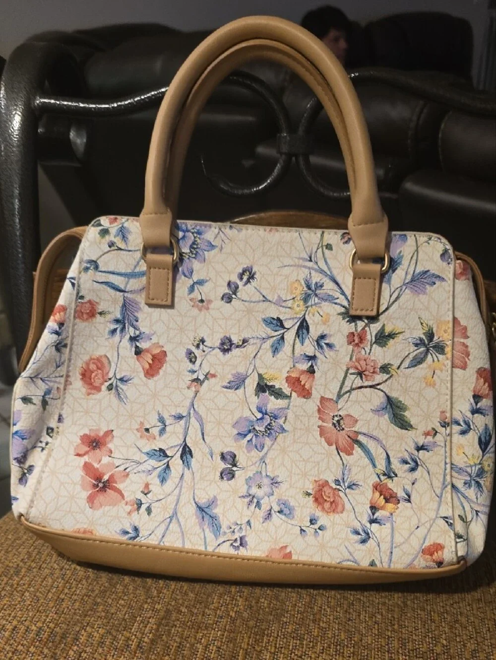 Floral Print Satchel Bag with Tan Trim